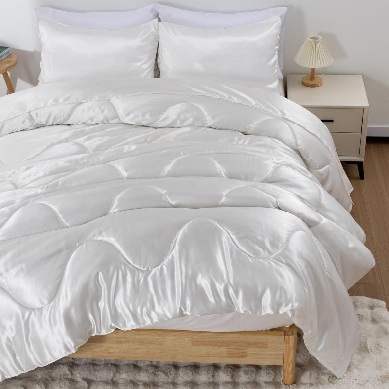 A Nice Night Satin Silky Soft Quilt Luxury Super Soft Microfiber Bedding Comforter Set Full/Queen, Light Weighted (White, Queen) - Image 1